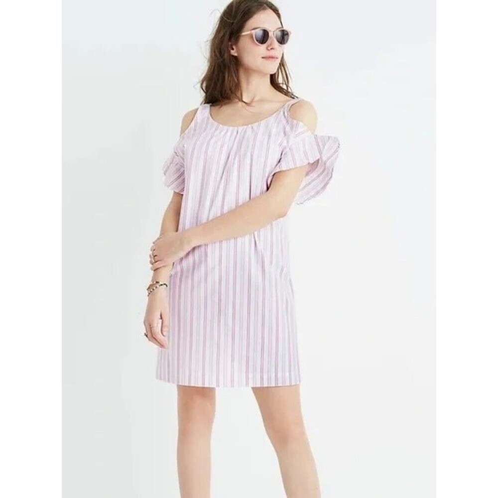 Madewell Pink and White Striped 100% Cotton Cold-Shoulder Dress - Size Medium